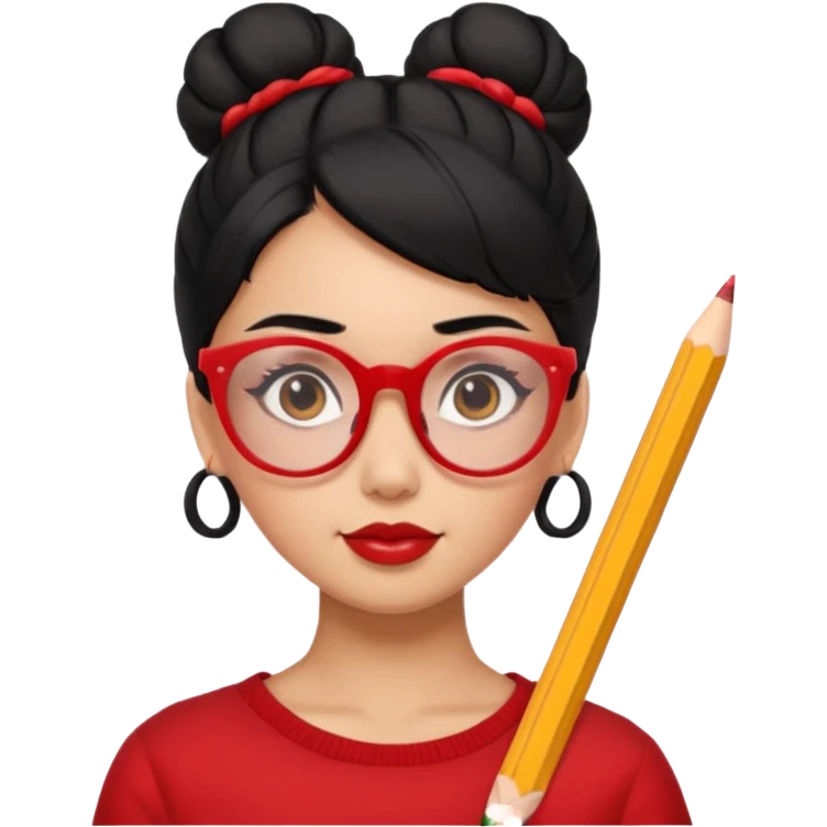 Morena girl with black hair in a pencil that creates a high bun hairstyle. She has red glasses emoji