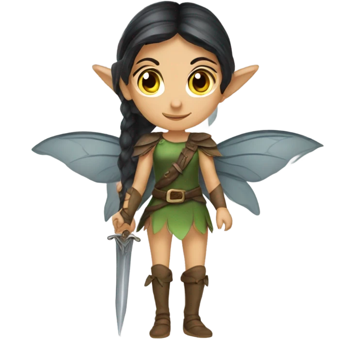 Female middle eastern, forest fairy, fairy wings, pointed elf ears, dark hair, vines, holding medieval sword emoji
