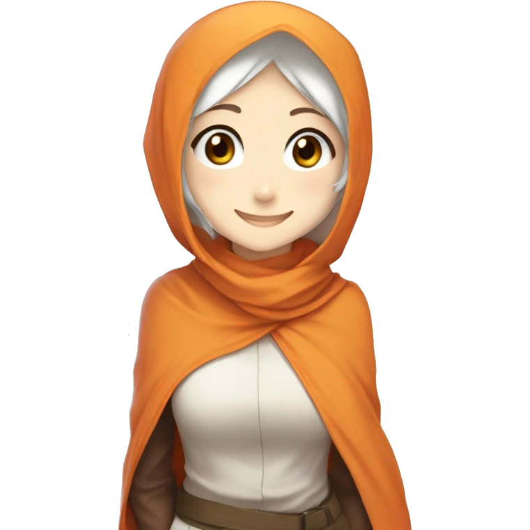 anime girl hijab gummy smile sweet white skinned peanime female adventurer in orange clothes half waveing hand emoji