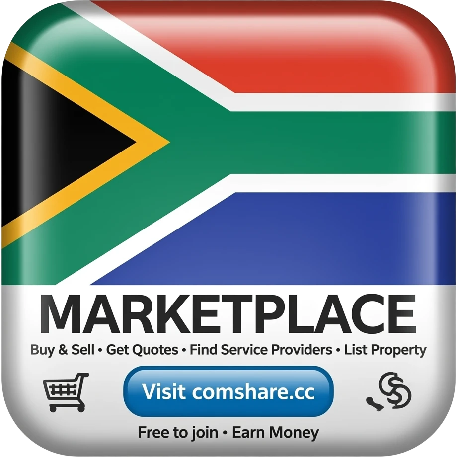 Main heading: "MARKETPLACE" Subtext: "Buy & Sell • Get Quotes • Find Service Providers • List Property" Call to action: "Visit comshare.cc" Bottom text: "Free to join • Earn Money"  Style: Modern, clean, professional. South African themed.   Include subtle icons for shopping, sharing, money. emoji