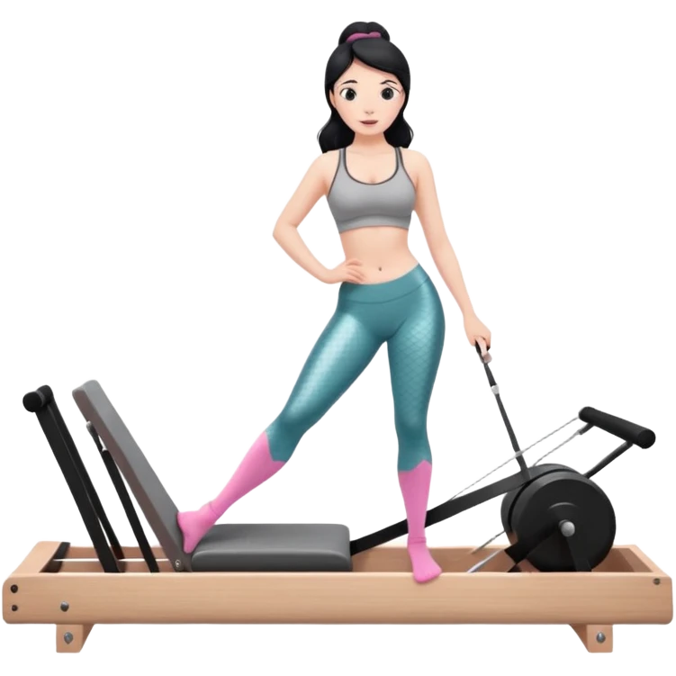 Create a Pilates emoji: a girl with fair skin and black hair, wearing a grey bra and grey leggings with pink pilates socks, doing  mermaid on a wooden reformer. Make it look at the reformer. Make the colors neutrals. emoji