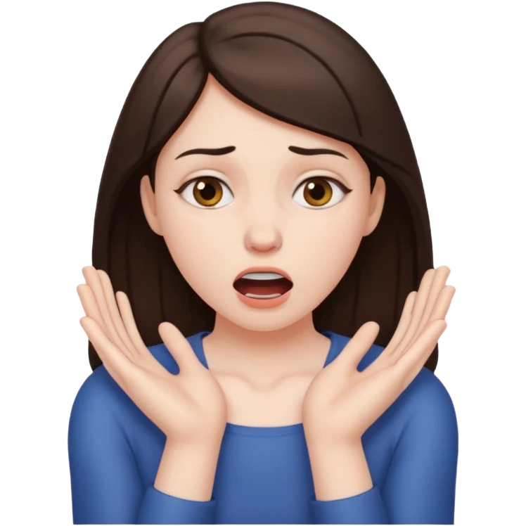 a brunette woman choking herself with her bare hands emoji