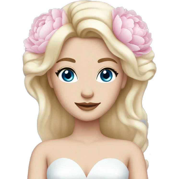 White bride with long light blonde hair and blue eyes with light pink peonies in hair white skin  emoji