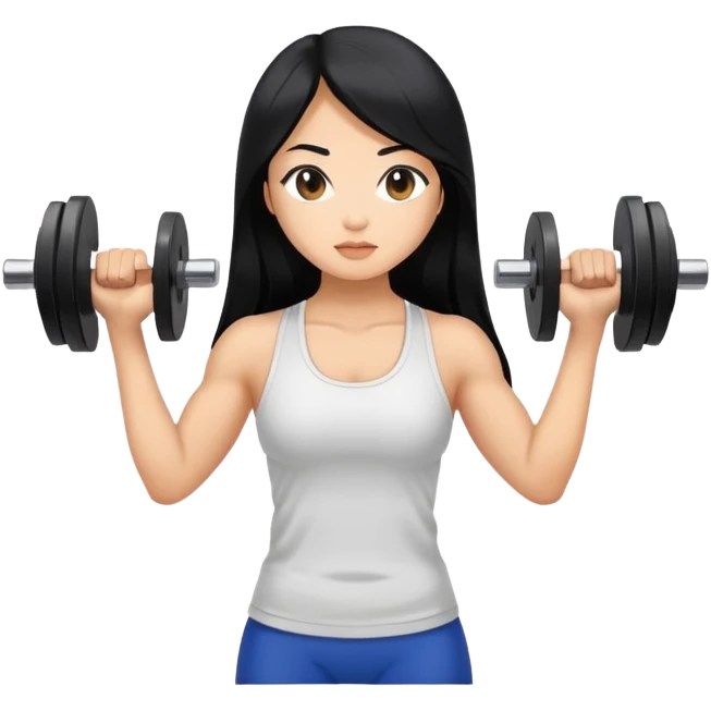 Asian girl with long black hair lifting weights emoji