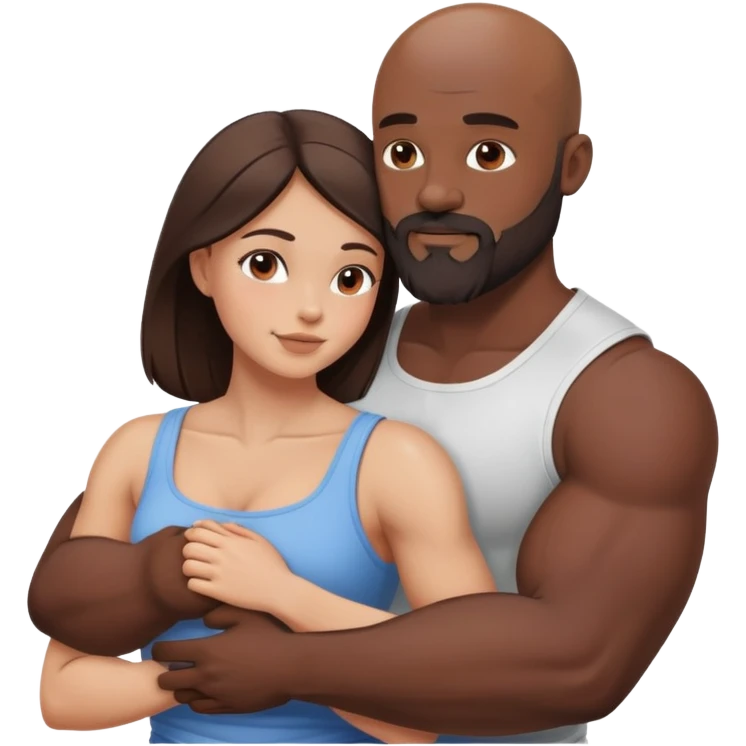 Muscular Bald man with a beard intimately hugging his young brunette wife  emoji