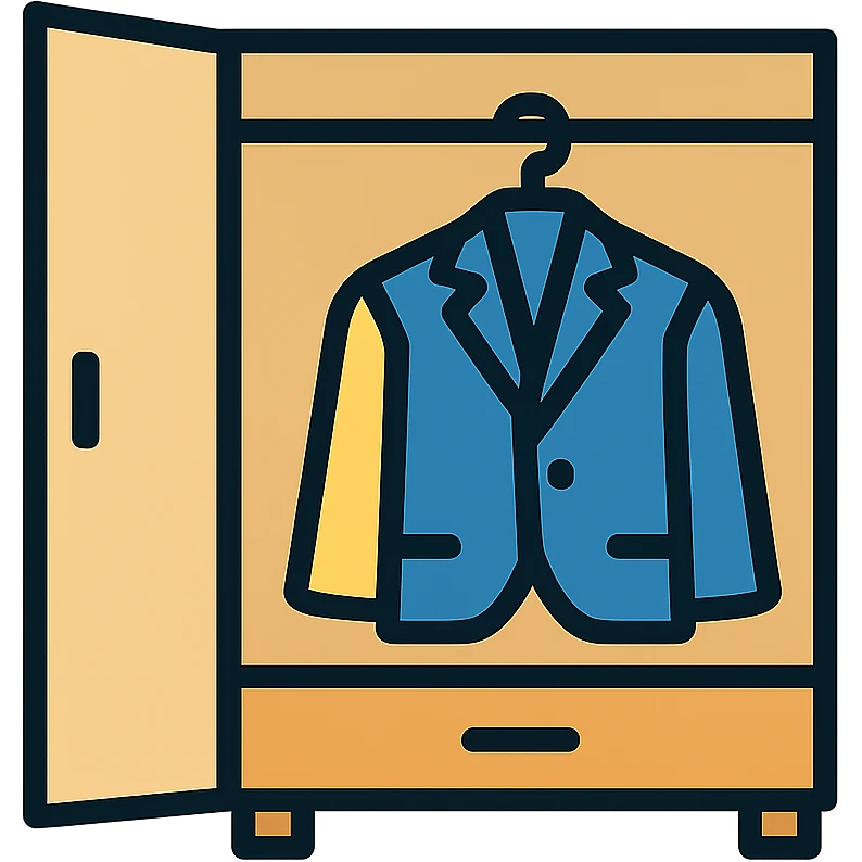 Clean minimalist closet design, partially open showing organized professional clothing inside emoji