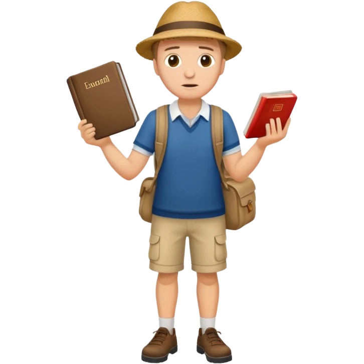 confused tourist full body, normal clothes, with a German dictionary emoji
