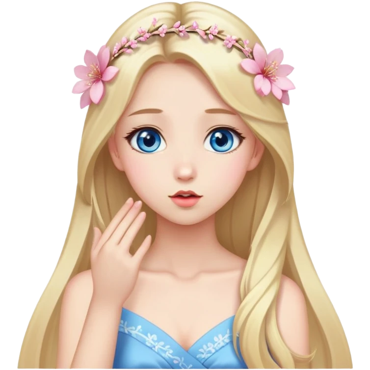 Girl with long blond hair and sakura accessories on her hair with a long dress and have blue eyes beautiful finish and she sending lovely kisses  emoji