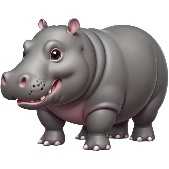 cinematic-hippo-realistic-full-body-side-view-standing-on-all-fours-emoji,-massive-round-frame,-wide-mouthed-grin-exposing-huge-teeth,-head-tilted-dramatically,-thick-grey-hide-glossy, big eues emoji