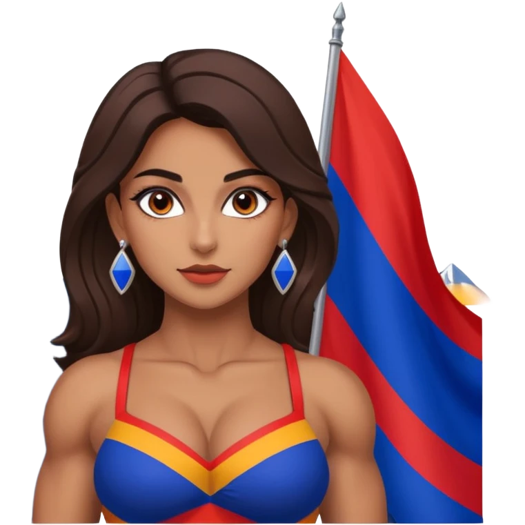 sexy and muscled, full body, brown skin Armenian caucasian girl, sexy girl, beautiful eyes, makeup, earrings, muscled, surrounded by mountains, Flag of Armenia emoji