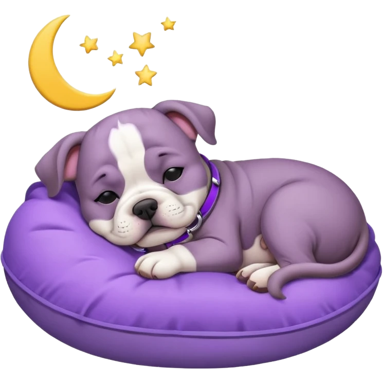 purple moon with a sleeping grey bull dog puppy with a purple collar emoji