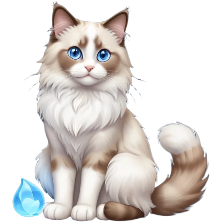 cinematic-[brown and white ragdoll cat]-realistic-full-body-sitting-emoji,-tail-curled-playfully-around-its-paws,-head-tilted-dramatically,-fluffy-[brown and white]-fur,-simplified-yet-realistic-focused-features,-highly-detailed,-glowing-with-an-almost-sarcastic-glow, with blue eyes emoji