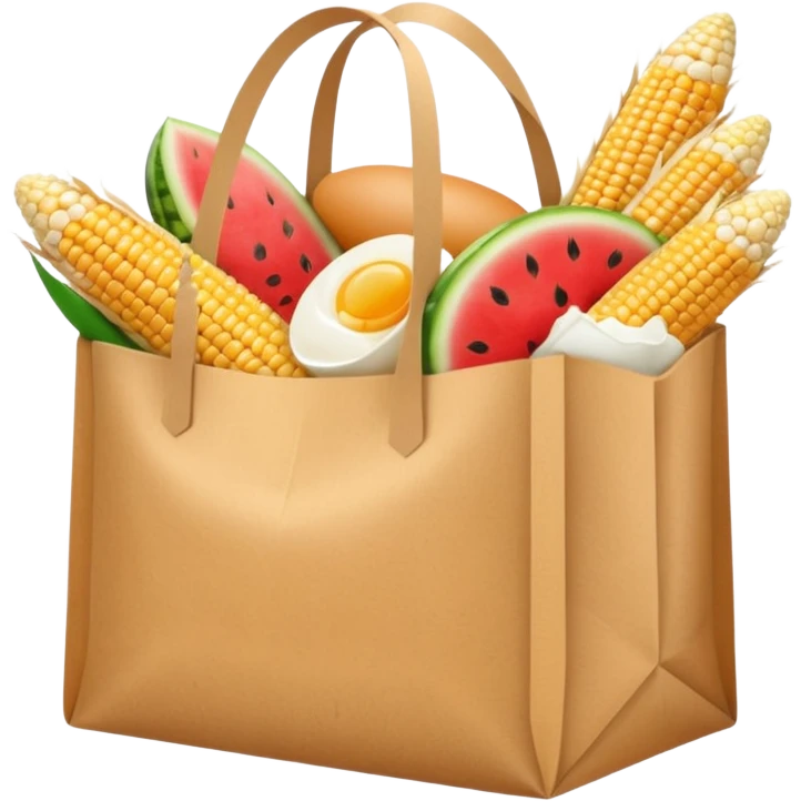 Paper grocery store bag filled with corn cobs, bread loaf, watermelon slices, eggs, and milk emoji