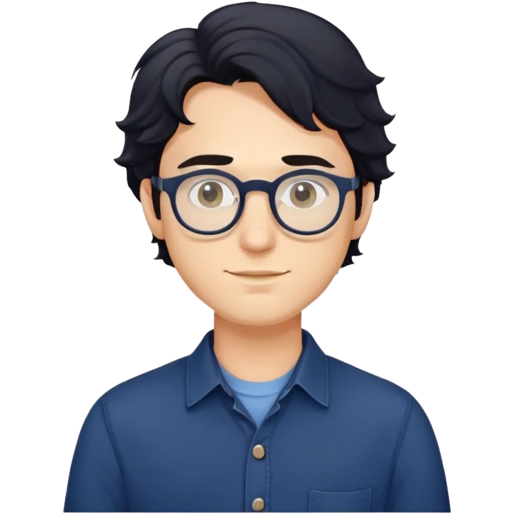 Upper body only of young caucasian man with longer wavy black hair, round glasses, wearing comfortable dark blue buttoned shirt emoji