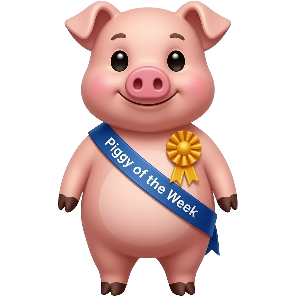 Pig standing up wearing first place ribbon and a sash that says “Piggy of the Week” emoji