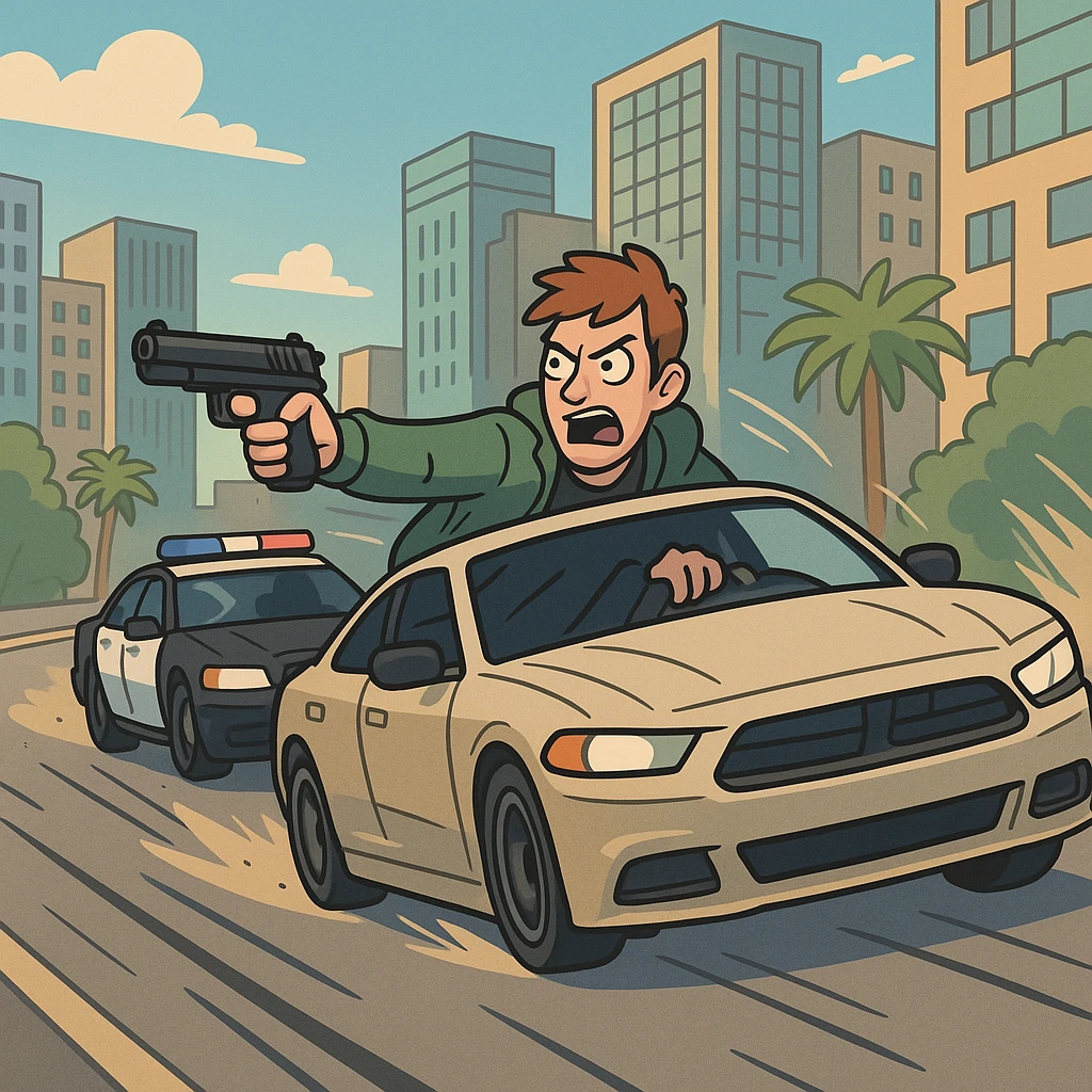 GTA5 style car chase scene, dynamic action, cityscape, vibrant colors, comic book style emoji