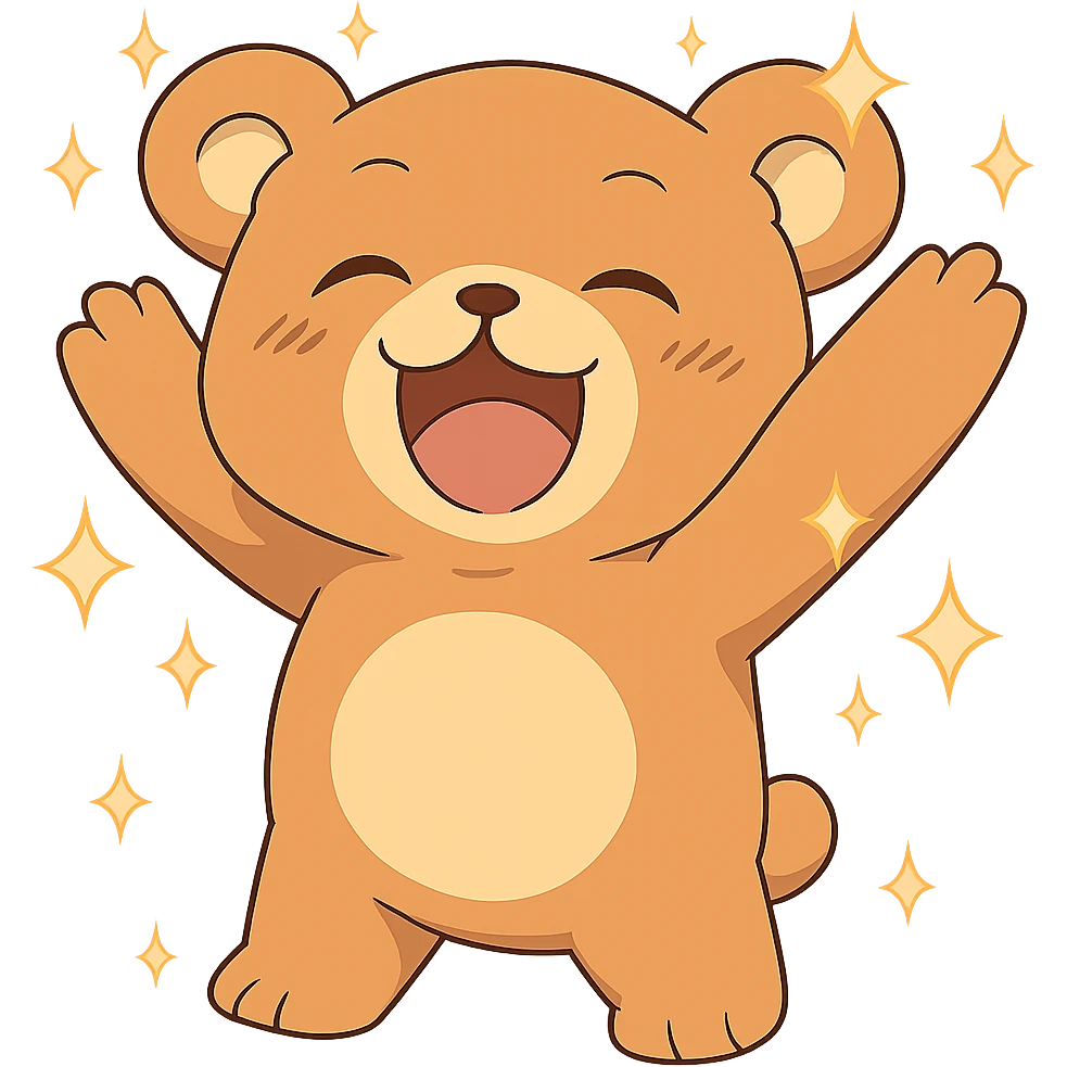 Add magical sparkles around the chibi happy bear. Keep the image with no background. emoji