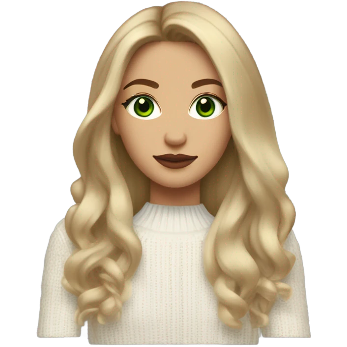 light medium skin, high cheekbone, solo dark blonde girl with green eyes, medium bust, white sweater, long blow out hair, baddie, middle part, sultry emoji