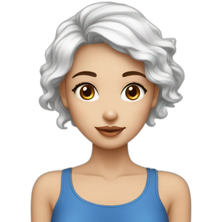 Femme de petite taille au teint blanc avec des yeux bleus avec des cheuveux marrons long boucles en bas emoji