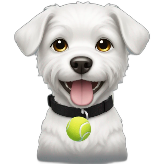 Small white dog with a tennis ball and a black collar  emoji