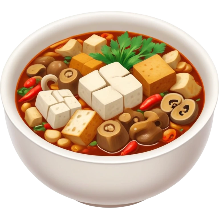 Chengdu Maocai spicy assorted ingredients in bowl, simplified emoji style with bold outlines and bright colors, cartoon style Sichuan street stew emoji