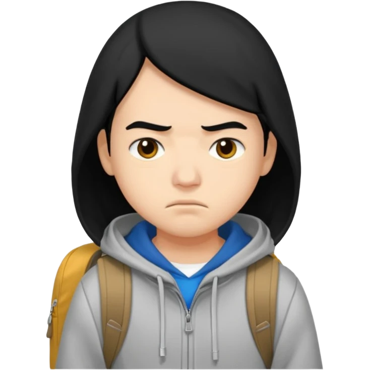 college student with annoyed face , black hair , with hoodie and backpack emoji