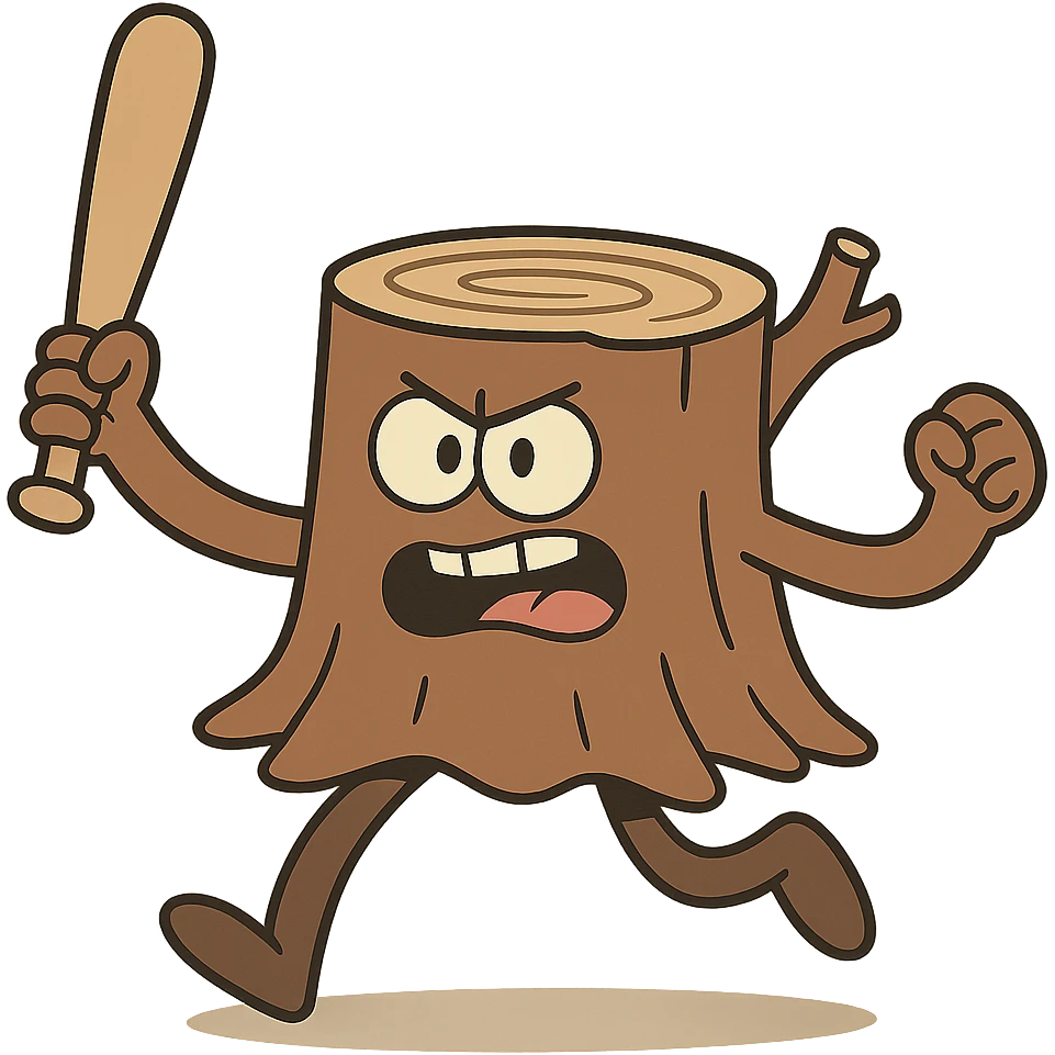 playful tree stump with arms and legs holding a baseball bat in an energetic pose emoji