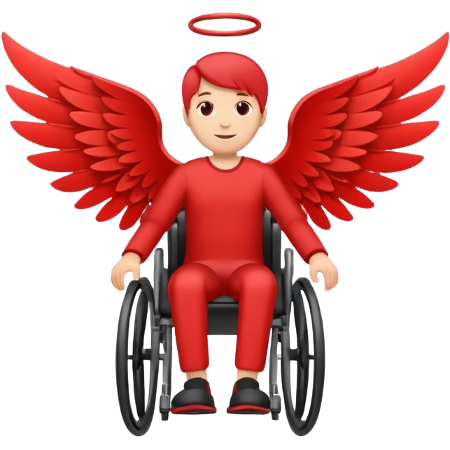 "A simple, red icon of a person in a wheelchair with stylized wings on their back, modern logo design, emoji style, white background" emoji