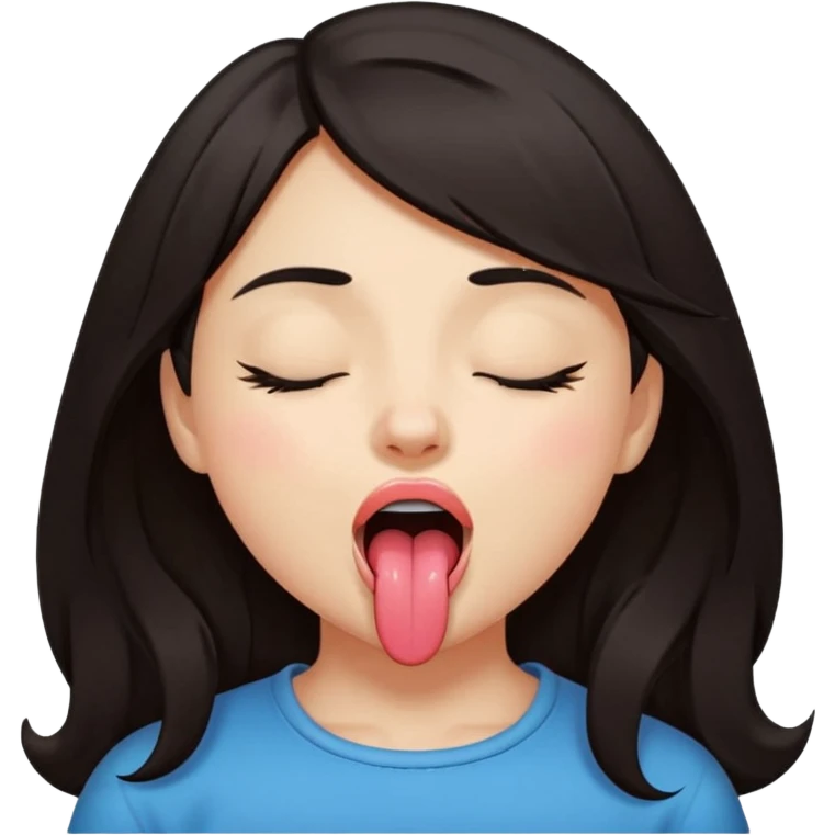 A girl with dark hair, closing her eyes and her mouth wide open while sticking her tongue out emoji