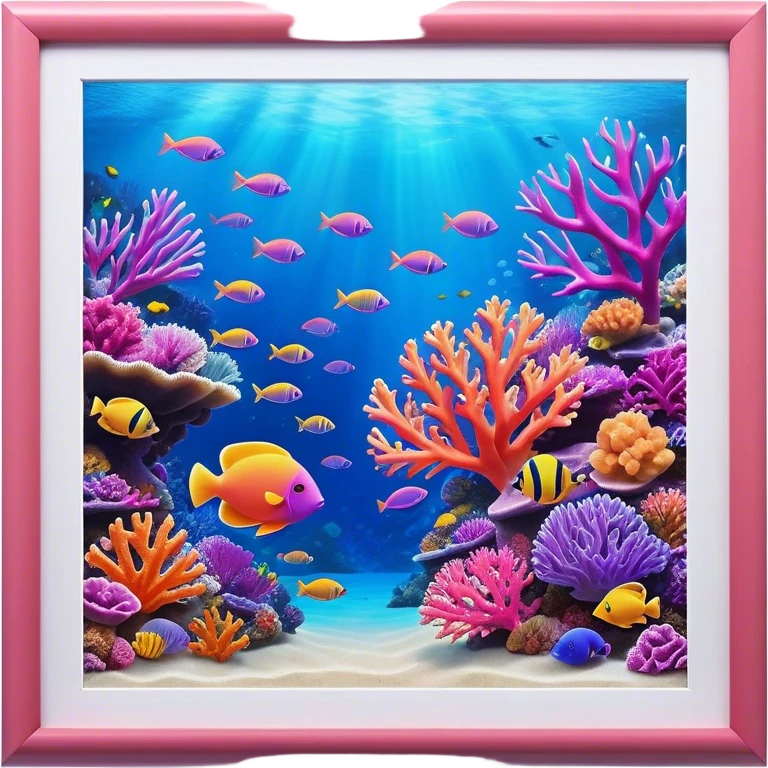 Cinematic Realistic Coral Reef Emoji in a wooden frame, Vibrant and alive, with colorful corals in hues of pink, purple, and orange, swaying gently with the underwater currents. Schools of tropical fish dart between the coral, with soft rays of sunlight piercing through the clear blue water above, creating a magical, serene underwater world. Soft glowing outline, capturing the essence of the bustling, colorful, and peaceful aquatic paradise. emoji