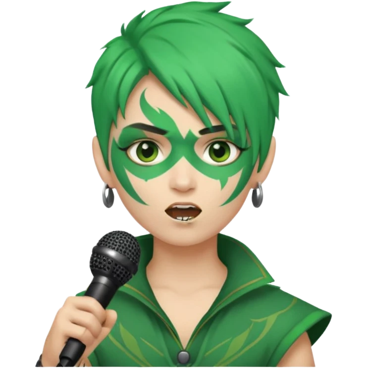 green haired, warrior face painted, holding microphone, singing emoji