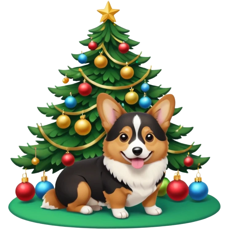 black tricolor corgi with no tail and christmas tree next to it emoji