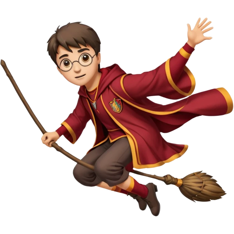 Cartoon-style illustration of Harry Potter flying on a broomstick, Gryffindor red and gold outfit, expressive face, dynamic motion, magical vibe, smooth shading, vibrant colors, no background, transparent background, isolated character. emoji