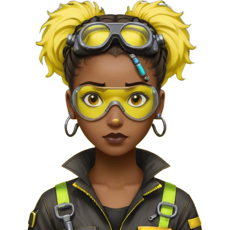 Cyberpunk black female mechanic, yellow tech goggles on forehead, messy hair bun, ear piercings, tool collar, grease smudge on cheek, focused expression, neon yellow lighting emoji