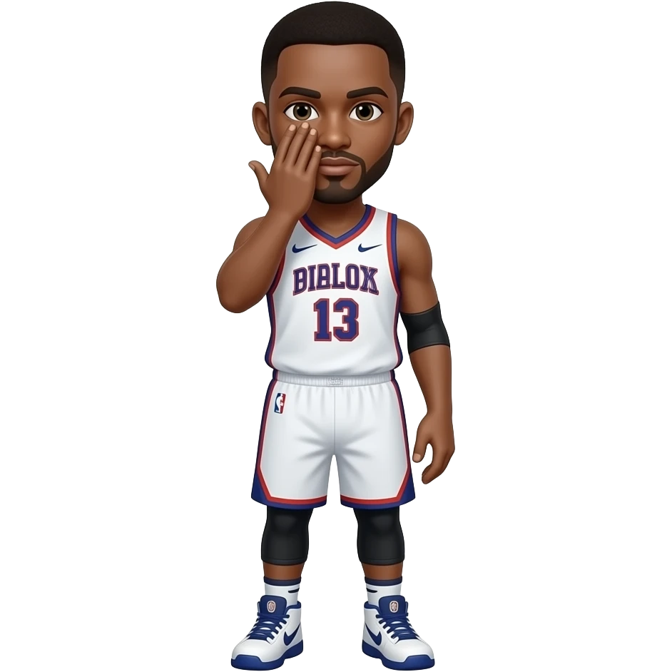 basketball player with his hand over his face with only his thumb, index, and pointer finger up. emoji