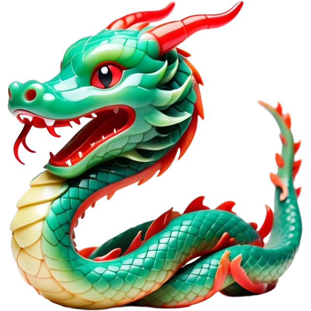 Cinematic Cute Chinese Serpent Dragon Portrait Emoji, Head tilted playfully and inquisitively, showcasing a slender, flowing body with vibrant jade scales and soft vermilion accents intertwined with whimsical wisps of cloud and water details; rendered with realistic finesse and warm natural light, high shine, charming and spirited, styled with a touch of mythic whimsy, soft glowing outline, capturing the essence of a mischievous yet endearing celestial dragon poised to weave magic into your dreams! emoji