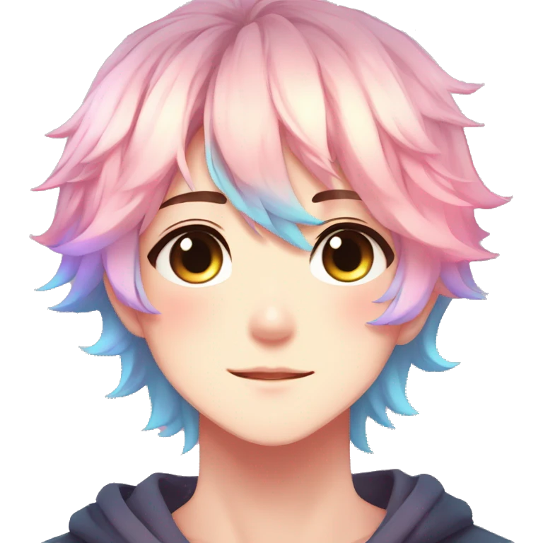 Gorgeous anime style boy with blushing face aesthetic and pretty colorful shiny gradient pastel hair trending style emoji