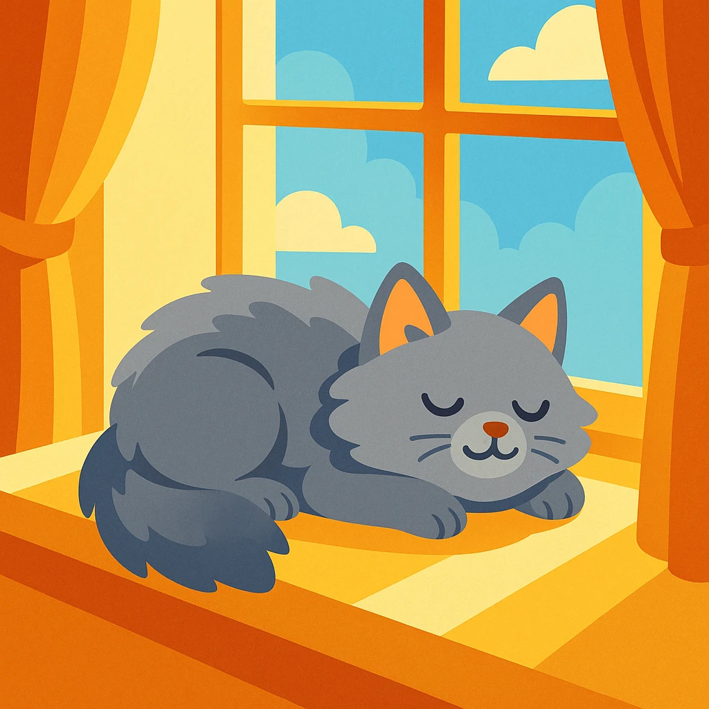 a fluffy gray cat napping on a sunny windowsill, looking peaceful and content, gentle illustration style emoji