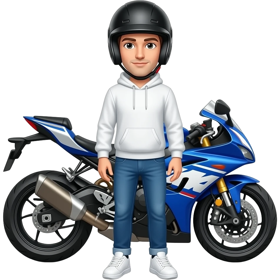 a man with a black helmet wearing a white hoodie, bright blue jeans and white sneaker stands in front of a blue and white motorcycle emoji