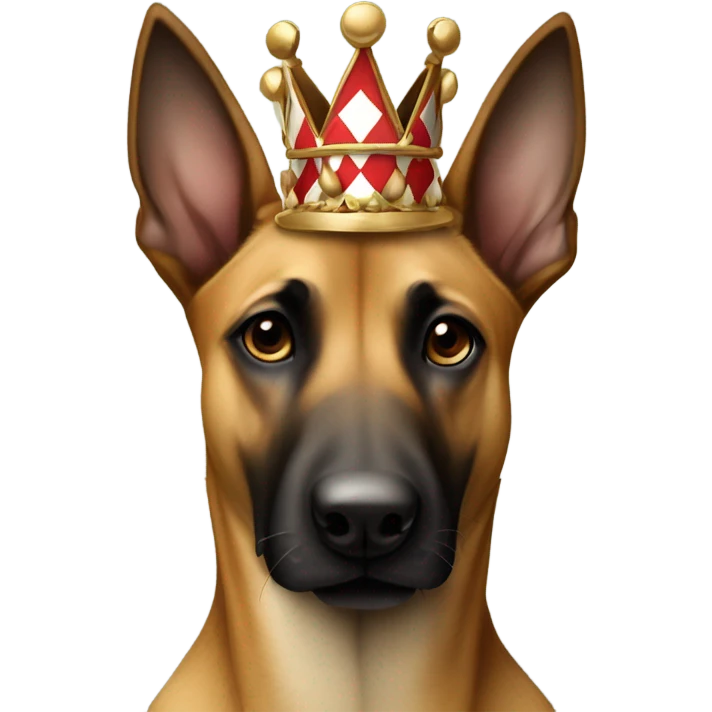 A malinois harlequin color with a crown on his head emoji