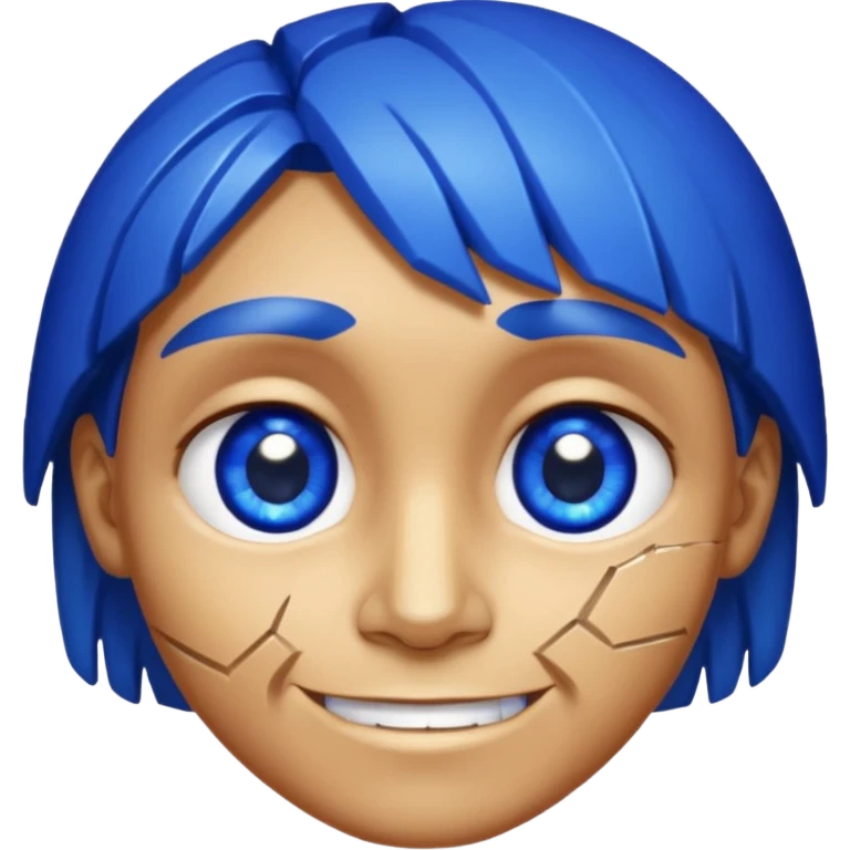 A single sapphire-blue faceted rock head, chunky and worn, with very visible big cracks and chipped facets but still shiny, big kind eyes and a confident smile emoji