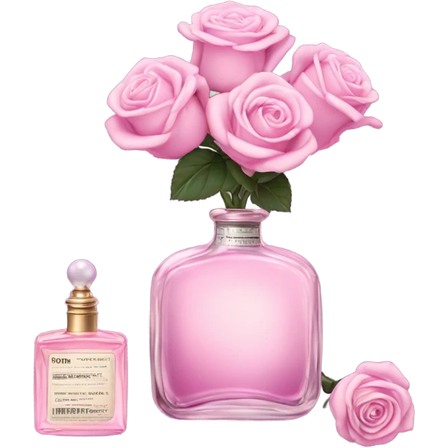 Aesthetic composition of soft pink roses with a vintage-style purple perfume bottle.
 emoji