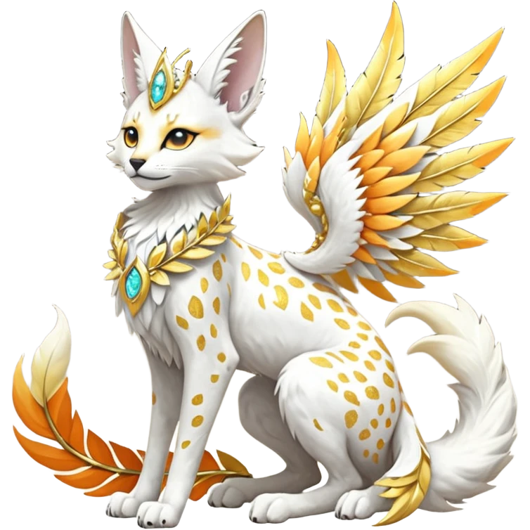 Epic complex fantasy glorious detailed futuristic divine godly angelic feathery sunny, white, albino, pastel, golden, orange glowing sparkly, realistic Fakémon-Sprigatito-Floragato-Meowscarada-Trico-Sergal-Serval-Solgaleo-Vernid-creature (full body) solarpunk, shiny sparkly with a gold laurel emoji