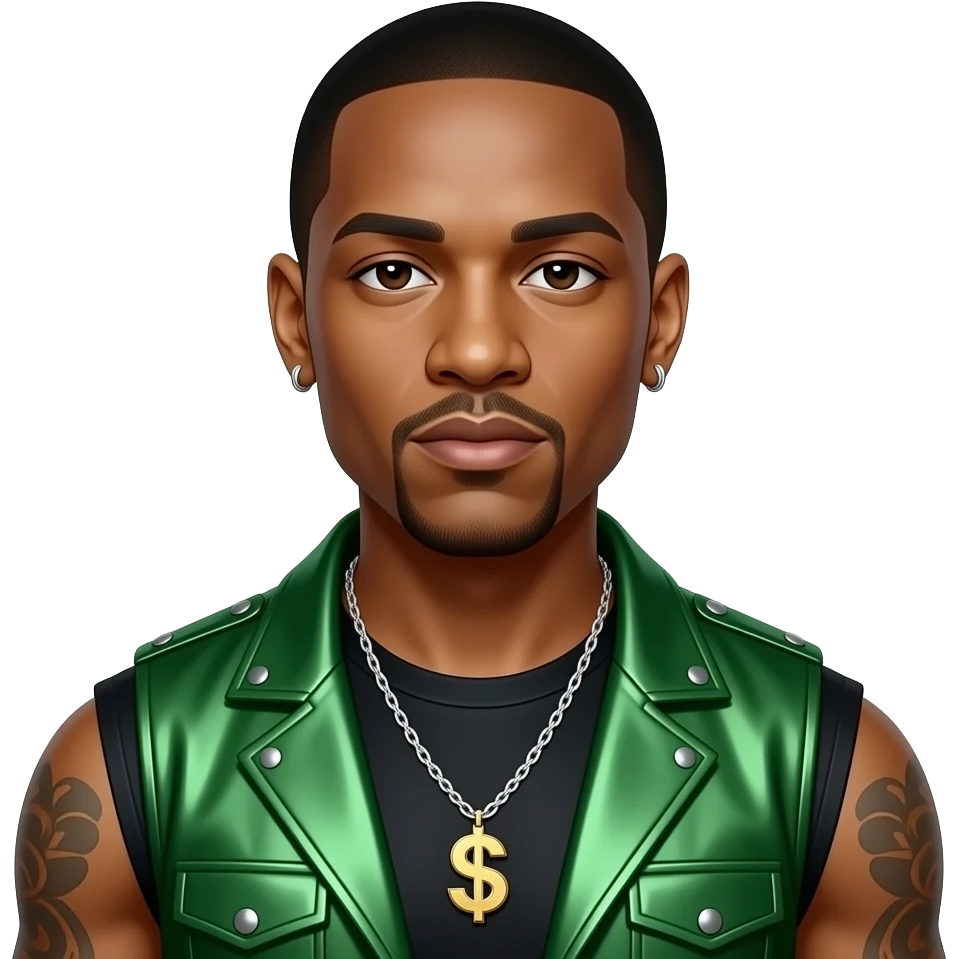 Ludacris with dark brown eyes, black hair, black metallic sleeveless shirt, money green metallic vest, necklace and earrings emoji