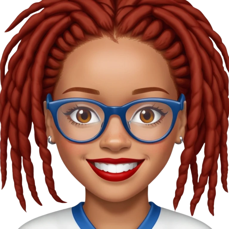 Rihanna with freckles and soccer mom brown dreadlocks island red and white jersey and cateye eyeglasses big smile emoji