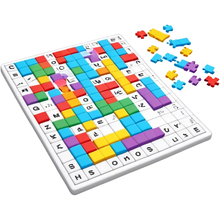 A photorealistic icon with a colorful, fragmented crossword magazine, a 3D puzzle, and a partially completed puzzle on a table. Bright, detailed design with realistic lighting. Transparent background, clearly symbolizing puzzles and brain games. emoji