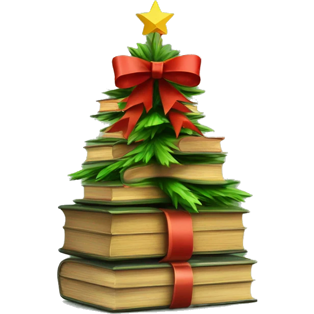 Christmas tree of books with a bow emoji