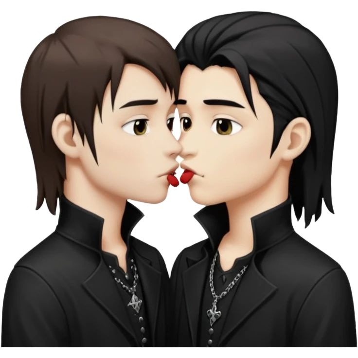 Goth Boys, one goth boy pale with brown hair the other a goth boy tan with long black hair, kissing emoji
