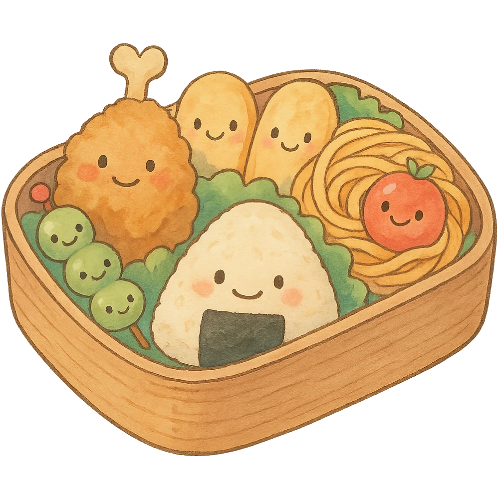 Japanese style bento box, soft pastel kawaii hand-drawn, full object, transparent background, with cute food faces emoji