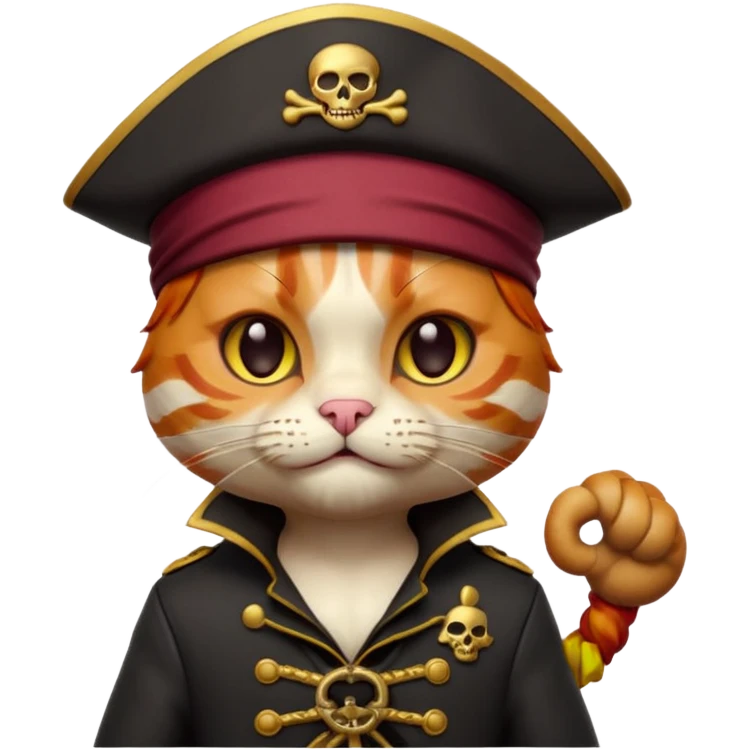 Premium 3D emoji icon of a cute ginger cat pirate, wearing a **burgundy red** pirate hat with a gold skull icon, and a black and gold captain's jacket. Glossy finish, claymorphism style, soft studio lighting, isolated on white background, 8k resolution, stylized professional look --v 6.0 emoji